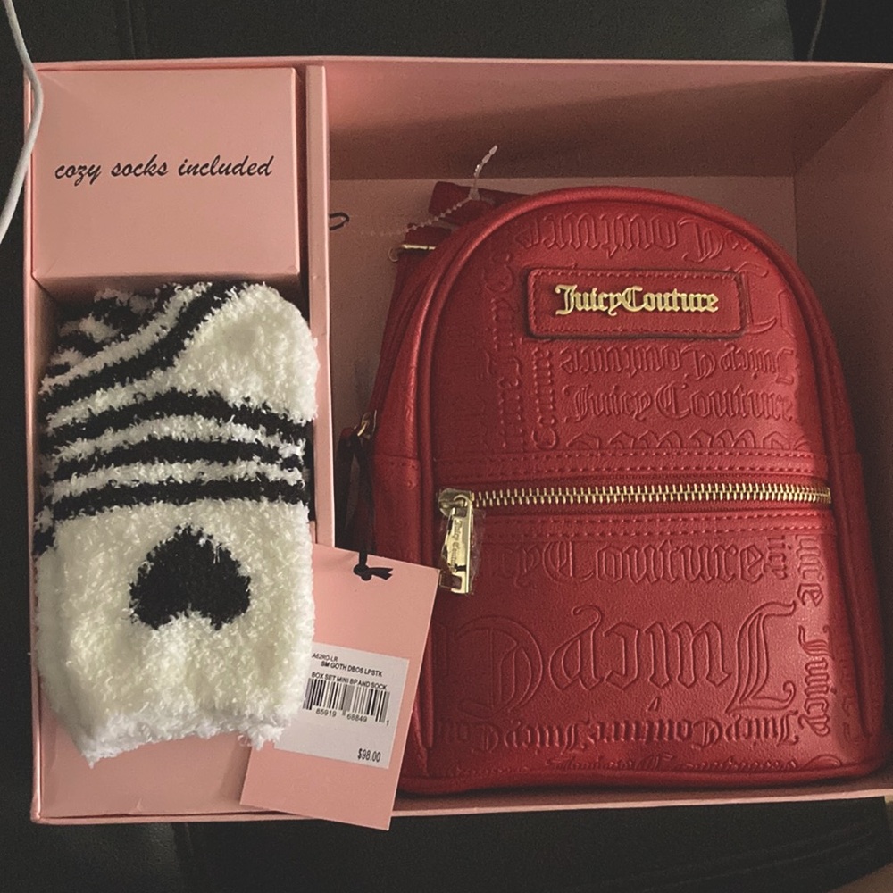 Juicy Couture red mini leather backpack and socks box set. Brand New with tags.